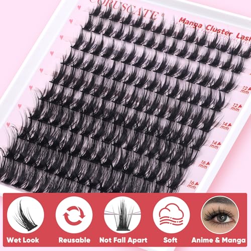CORUSCATE Manga Lash Clusters Wispy Eyelash Clusters Fairy Anime Lashes Clusters Individual Natural Cluster Eyelash Extensions Asian Style C Curl Manhua Style 10-18mm DIY Wet Look Lash Extension