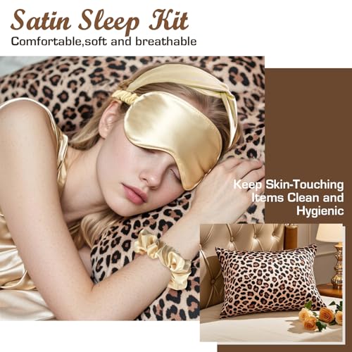 Golray Gifts for Teen Girls - 19Pcs Teenager Gifts Basket with Brown Leopard Satin Pillowcase/Handbag, Christmas Birthday Gift Set for Women Daughter Sister Niece Tween Girl Kid Toy Age 10 12-18+