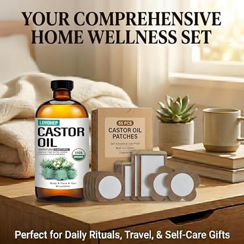 55 Pcs Castor Oil Patches with Organic Cold-Pressed Castor Oil in Glass Bottle for Detox & Targeted Therapy - Multiple Sizes & Styles