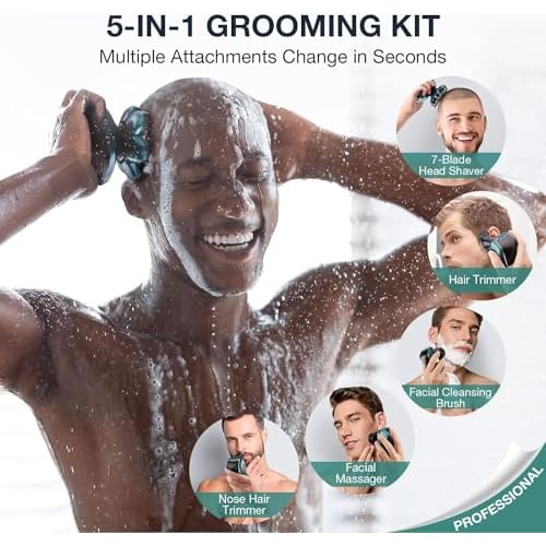 Head Shaver 7D, Wyklaus Upgrade Head Shavers for Bald Men, Head Electric Razor with Nose Hair Trimmer, Waterproof Wet/Dry Mens Grooming Kit, Anti-Pinch, LED Display, USB Rechargeable£¨Green£©