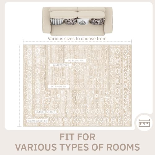 Soalmost 8x10 Beige Area Rug - Washable Geometric Pattern, Non-Slip, Soft Living Room Rug