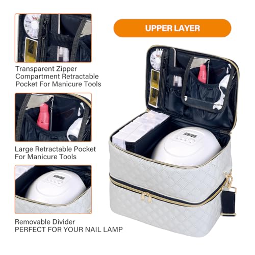 Nail Polish Organizer Case Holds 40 Bottles(15ml/0.5fl.oz) and Nail Lamp, Double Layer Nail Polish Storage with Adjustable Dividers,Portable Carrying Bag for Nail Kit, Manicure Tools Beige