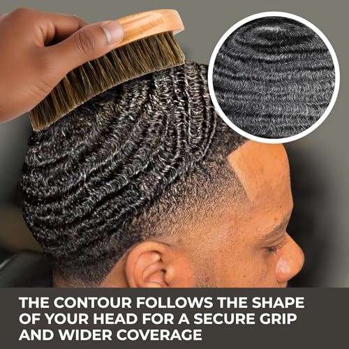 GUARD&MARINE Wave & Beard Brush for Men ? Natural Boar Bristles, Palm Curve Design, Wood Handle ? Shapes 360 Waves & Softens Beard