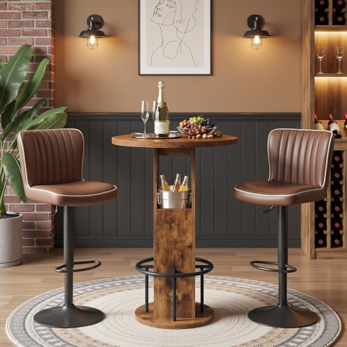 Rustic Brown Round Bar Table - 35.6" H Bistro Pub Table with Footrest