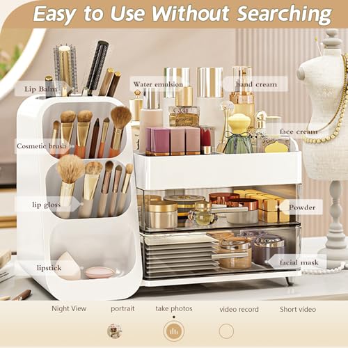 Makeup Organizer with Drawers, Large Capacity Cosmetics Display Case, stationery storage box, bathroom beauty storage suitable for your beauty essentials (white)