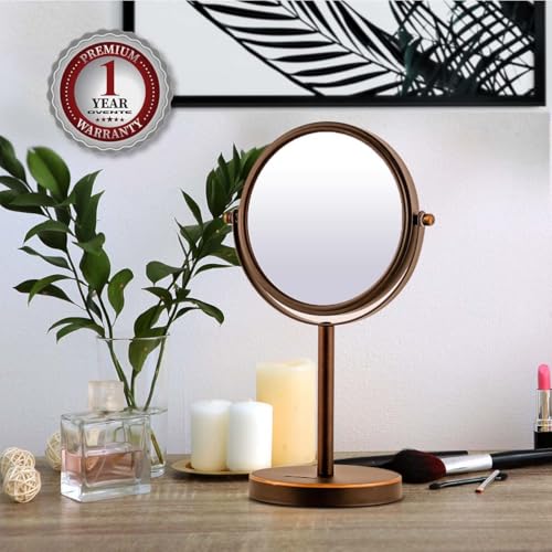 OVENTE 6'' Tabletop Makeup Mirror with 1X/7X Magnification, 360¡Æ Swivel Design, Double-Sided Free-Standing Vanity Mirror Perfect for Dresser, Bedroom and Office Desk, Antique Bronze MNLT60ABZ1X7X