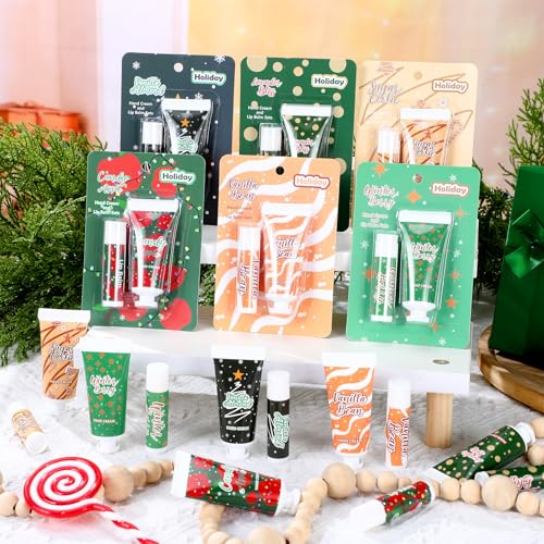 Loopeer 48pcs/24sets Christmas Hand Cream and Lip Balm Gift Sets for Women Travel Hand Lotions Moisturizing Lip Care Lipstick for Dry Cracked Christmas Stocking Stuffer Xmas Bulk Gift Coworker Adult