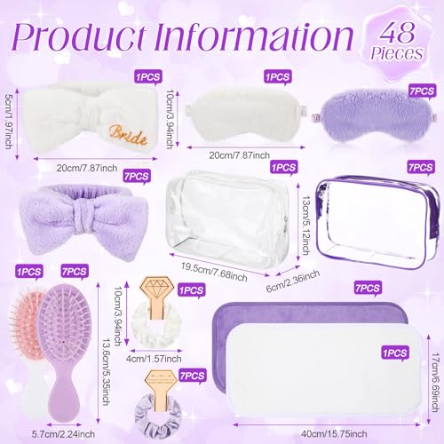 48 Pcs Bridesmaid Proposal Gifts Set Include Headband Scrunchies Hair Sleep Eye Mask Hairbrush Makeup Remover Cloth and Makeup Bag for Bridal Shower Party Bridesmaid Wedding(White,Purple)