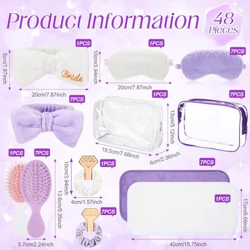 48 Pcs Bridesmaid Proposal Gifts Set Include Headband Scrunchies Hair Sleep Eye Mask Hairbrush Makeup Remover Cloth and Makeup Bag for Bridal Shower Party Bridesmaid Wedding(White,Purple)