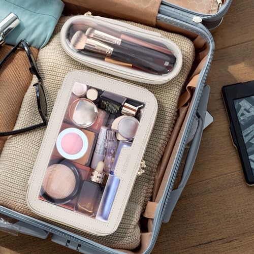 Soimeat L / Off-White Travel Clear Makeup Bag with Brush Organizer, Waterproof Cosmetic Case, Portable Women’s Toiletry Storage