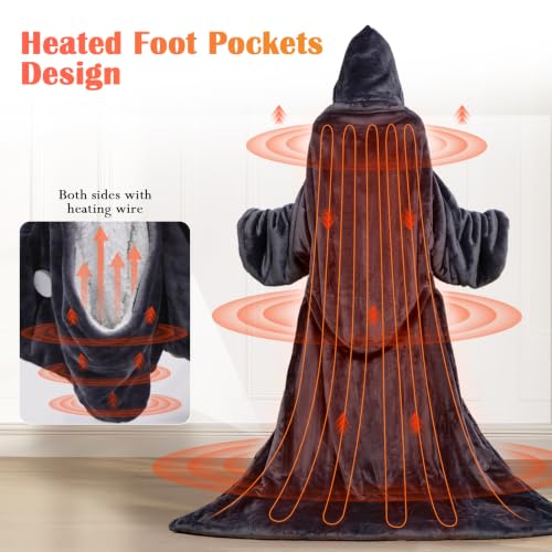 U.Seizeyes Gray Wearable Heated Blanket with Foot Pockets & Hood, 8 Heat Levels