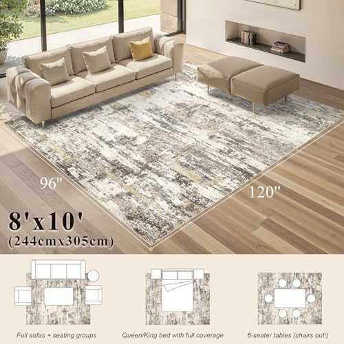 8x10 Rectangular Washable Abstract Area Rug - Gold Brown Living Room Decor