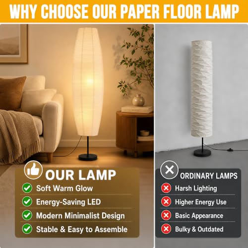XENOID Tall Paper Floor Lamp - 12x12x53 Inches Minimalist Modern Standing Lamp for Living Room & Bedroom