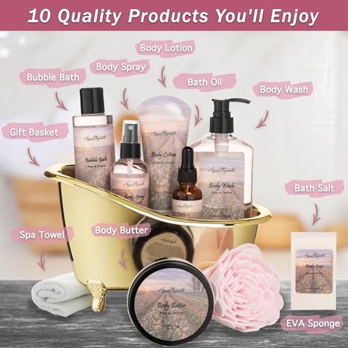 Spa Gift Baskets For Women - Luxury Bath Set With Rose Oil & Orchid - Spa Kit Includes Body Wash, Bubble Bath, Lotion, Body Butter, Soap, Body Spray, Shower Puff, and Towel