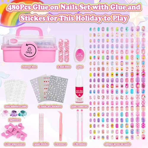 480 Pcs Kids Nails and Glue, Girls Press ons Nail Art Kit with Storage Case, Fake Nails Adhesive, Remover, Stickers, Glitter Cute Stuff Gift for Girls 8-12
