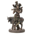 Krishna Playing Flute with Holy Cow Sculpture - Hindu Mythology Decor