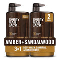 Every Man Jack Amber + Sandalwood Hydrating Mens 3-in-1 All Over Wash for All Skin and Hair Types - Body Wash, Shampoo and Conditioner with Naturally Derived Ingredients - 28.8oz (2 Pack)