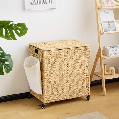 Laundry Hamper with Wheels 40.92 Gallon Water Hyacinth Wicker Basket with Lid & Removable Liners - Natural, 23.62 x 15.75 x 25.6 inches