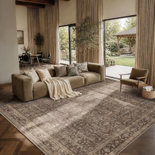 JOOJA 8x10 Dark Brown Vintage Low Pile Area Rug - Non-Slip Washable Boho Carpet