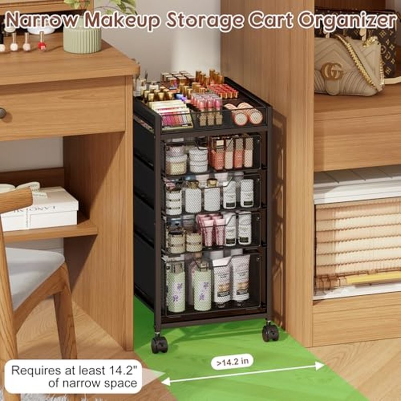 5-Tier Rolling Makeup Cart Organizer with 4 Drawers, Cosmetics Display with Dividers, Floor Skincare Storage with Wheels, Versatile Vanity Organizer for Nail Polish Perfume Brush Hair Tool, Black