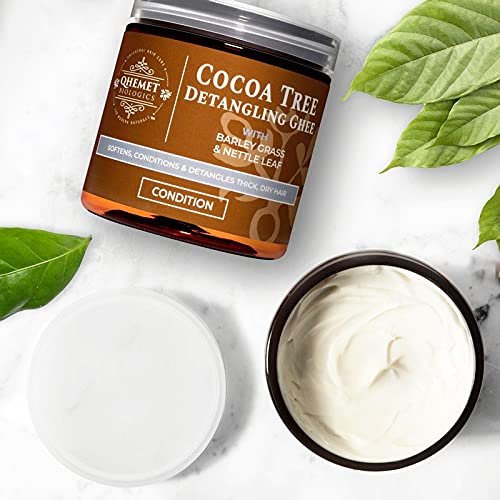 Qhemet Biologics Cocoa Tree Detangling Ghee - Softening Detangler Ideal for High Porosity 4C-3C Hair - Makes Combing Easier & Restores Pliability, Elasticity & Softness to Dry, Matted Hair (9 oz)