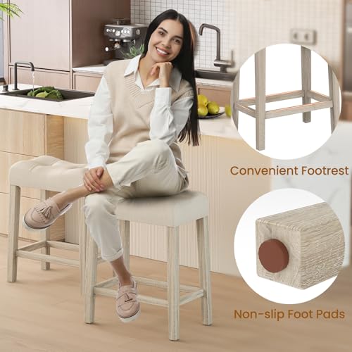 Beige Saddle Bar Stools Set of 2 - Counter Height Farmhouse Seating