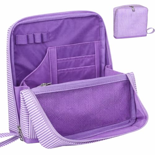 Striped Makeup Bag Large Cosmetic Bags for Women Gift with Brush Loops Mesh Pocket Wrist Strap Travel Organizer Storage Pouch Toiletry Case with Divider for Mirror(Lavender)