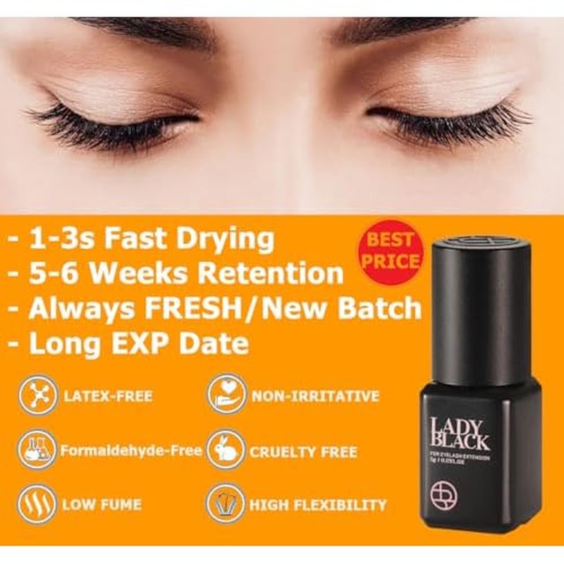 2 Bottles Sky Lady Black Glue Eyelash Extensions 5ml / Professional Max Bonding Strength Lash Glue / 1-3 Sec Fast Drying / 5-6 Weeks Retention