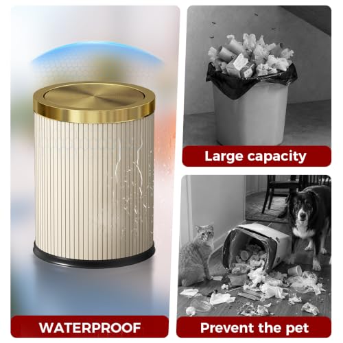 White Gold Bathroom Trash Can with Flipping Lid - 15L/4 Gallon Modern Waste Bin with Steel Cover, Lid, and Durable PU Leather Finish - Variation: 15L White