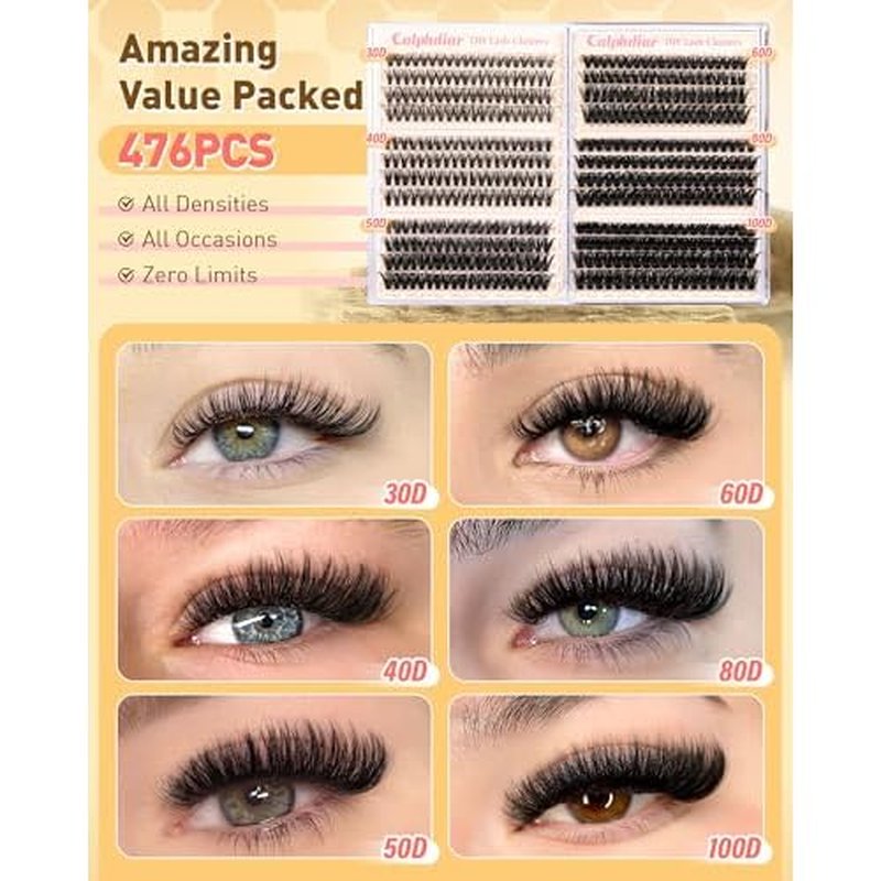 Calphdiar Eyelash Clusters 30D+40D+50D+60D+80D+100D Lash Clusters Wispy Individual Lashes 476PCS D-curly Lash Extension 10-16MM Natural Lashes Clusters DIY Cluster Eyelash Extensions