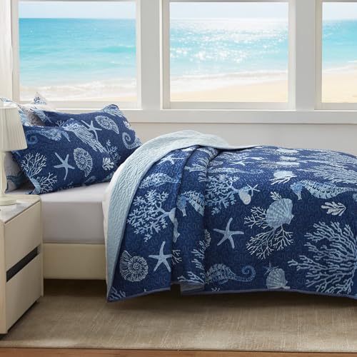 LEAONME Coastal California King Quilt Set Navy Reversible Microfiber Bedspread