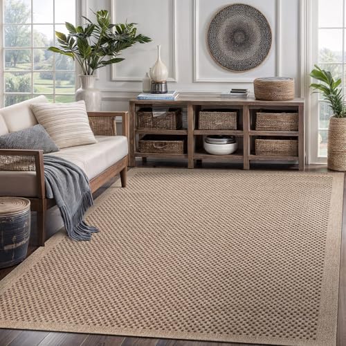Indoor Outdoor 5x7 Checkered Jute Look Rug - Natural Fiber Area Rug for Living Room & Patio