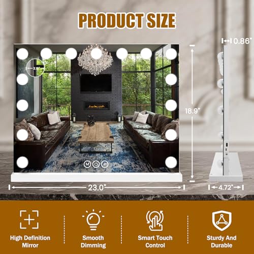 Vanity Mirror with Lights, 23"¡¿18" Large Hollywood Makeup Mirror with 15 Dimmable Bulbs, 3-Color Lighting, Dimmable, 10x Magnification, Desk Mirror, Bedroom (White)
