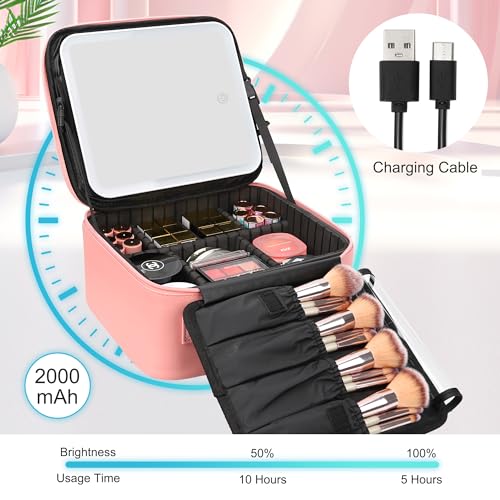 Relavel Pink Travel Makeup Bag with LED Mirror, Waterproof Organizer & Removable Dividers - Small