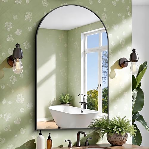 30x50 Inch Black Arched Wall Mirror for Bathroom - Frameless, Distortion-Free