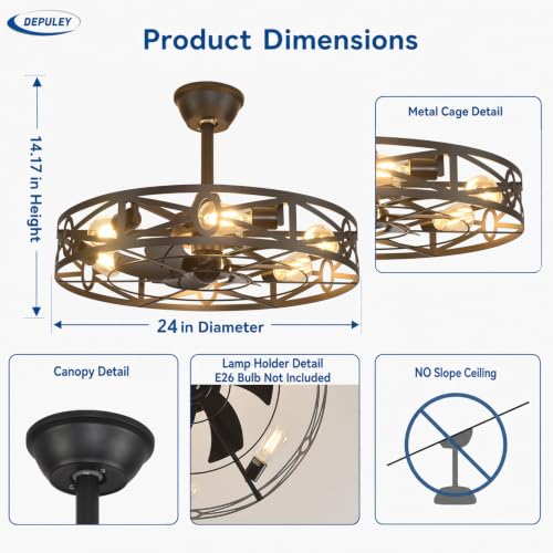 Black 24-Inch Caged Ceiling Fan with Light & Remote - Farmhouse Industrial Style