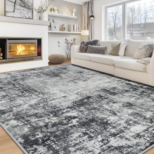 Black & Grey 8x10 Washable Area Rug for Living Room Bedroom Dining Room - Durable Faux Wool