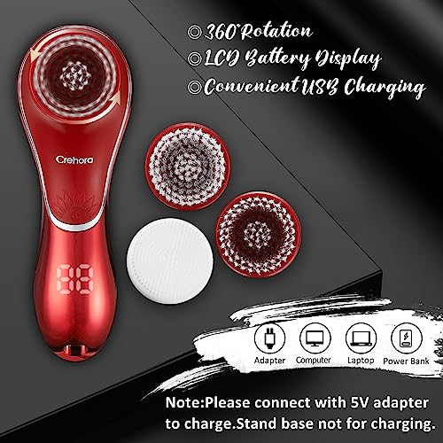 Facial Cleansing Brush, Electric Face Scrubber, Facial Cleansing Brush Rechargeable IPX-7 Waterproof Rotating Face Scrubber for Exfoliating, Massaging and Deep Cleansing with 4 Brush Heads