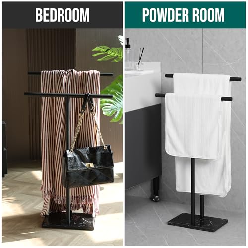 Matte Black Freestanding Towel Rack with Marble Base - Modern Bathroom Organizer