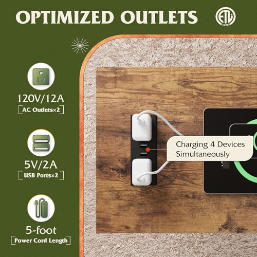 Farmhouse End Table with Charging Station - Rustic Brown, Narrow Side Table for Small Spaces