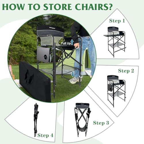 Black Tall Folding Director Chair with Side Table & Cosmetic Bag - 30.7" Seat Height, Supports 350 lbs
