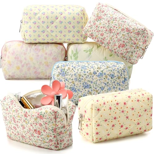 Paterr 6 Pcs Quilted Makeup Bag Bulk for Women Girls Birthday Valentine's Day Bridesmaid Gifts Cute Cotton Cosmetic Pouch Bow Floral Coquette Aesthetic Travel Toiletry Bag(Classic Style,Colorful)