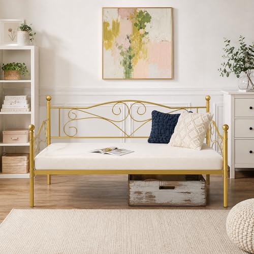 Gold Twin Size Metal Daybed Frame with Headboard, Modern Support & Storage
