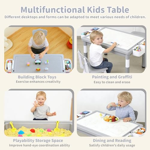 Kids 4-in-1 Table and 2 Chairs Set with Storage & Reversible Surface - Light Gray