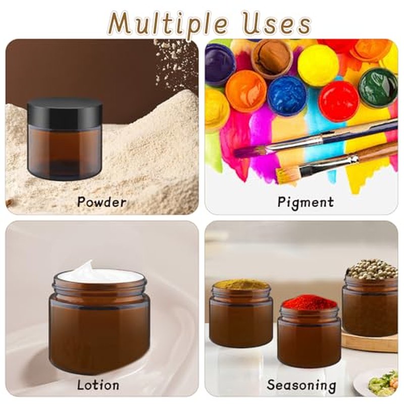 24 Pcs Amber Glass Jars Round Small Glass Jars Empty Refillable Cosmetic Containers with Inner Liners & Black Lids for Make Up Sample Powder Cream Lotion Spice - 60g/2oz