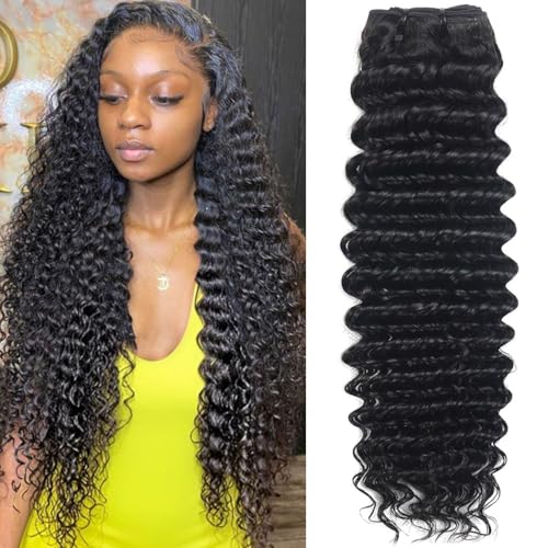 Deep Wave Human Hair Bundles - 16 Inch Natural Black, 12A Virgin Indian Wavy Weave