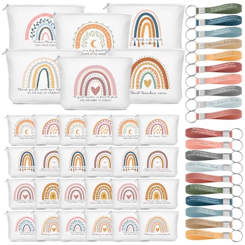Hillban 60 Pcs Teacher Appreciation Gifts Bulk for Women 30 Rainbow Canvas Makeup Bags 30 Motivational Quotes Keychains Thank You Classroom Gift for Teachers Day Coworker Employee
