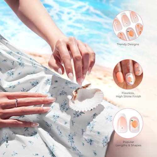 KISS | The Summer I Turned Pretty French Tip Press On Nails, ¡®Sunlit Days¡¯, Medium Coffin, Includes Pink Gel Nail Glue (2g), Mini Nail File, Cuticle Stick, & 28 Fake Nails