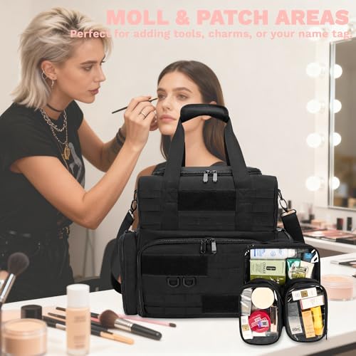 Tactical Makeup Bag with 3 Inner Clear Pouches and Cross Body Straps, Large Cosmetic Bags for Women, Travel Makeup Organizer for Home, Beauty Studio and Daily Use, Black