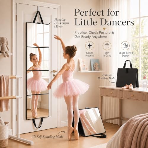 Adzyz Black Foldable Full Length Travel Mirror 39x11.6 Inch 3-Way Standing & Hanging Compact Design